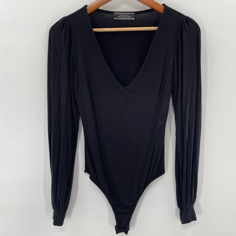 Blue Blush Black Vici Bodysuit with Long Balloon Sleeves V-Neck Size Large